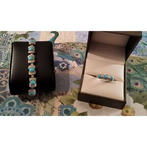 NWOT~Sleeping Blue Turquoise & White Sapphire Three Stone Ring & Bolo Bracelet